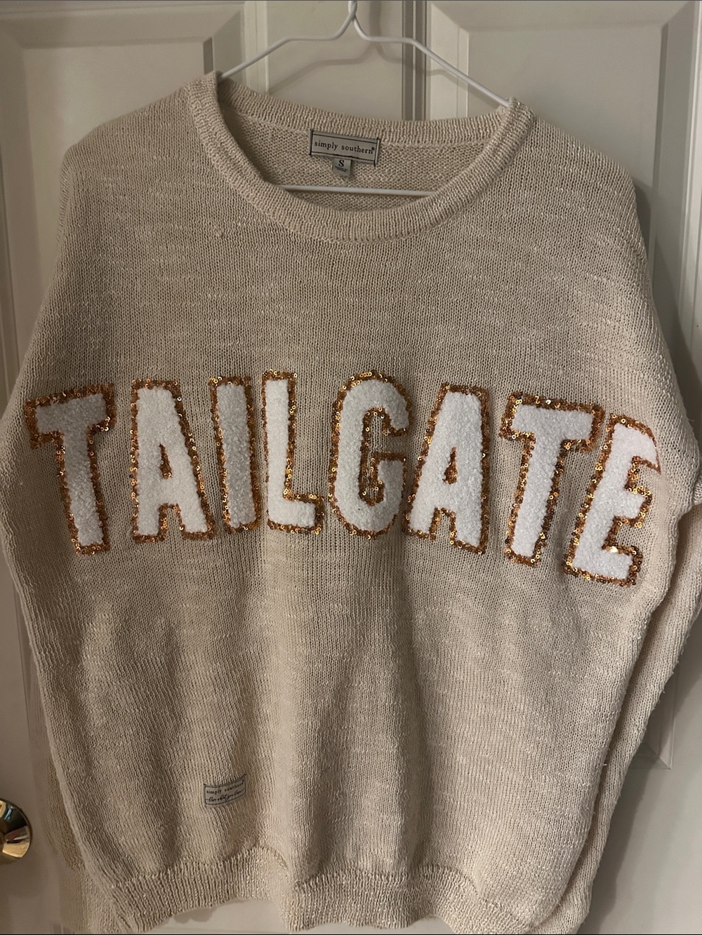 Simply Southern Cream 'TAILGATE' Sequin-Trim Knit Sweater - Picture 1 of 1